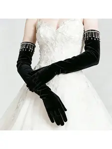 New gem velvet long gloves evening dress autumn and winter warm dance photo wedding bride arm sleeve Hand Cover