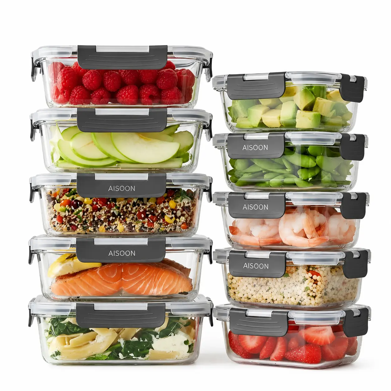 AISOON 10-Pack Rectangle Borosilicate Glass Kitchen Storage Containers (5x13oz, 5x36oz) - Airtight Leak-Proof Lids, Lead-Free, Microwavable, Freezer & Oven Safe, Stackable Fridge & Lunch Containers, Fast Delivery for Packing Lunch for My Kid