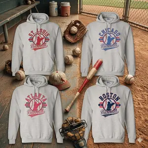 Ash Grey Vintage Baseball Hoodie, Retro Established City Baseball Pullover Sports Unisex Crewneck Hoodie Sublimation Print Casual Graphic Top