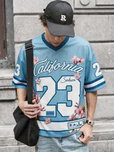 Light Blue "California 23" Sakura Print Oversize Jersey T-Shirt - 2026 Trending American Streetwear, Breathable Fabric Perfect for Festival & Daily