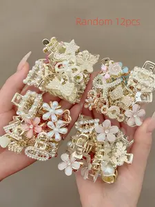 12pcs Random Women's Hair Claw Set, Elegant Style Shiny Rhinestone Hair Clips, Flower Hair Clip, Wedding Hair Decor, Perfect for Daily Use, Wedding and Gifting, Super Cute Clips