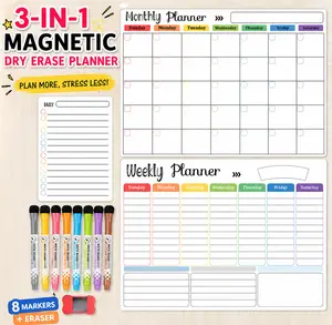 Hivillexun Magnetic Dry Erase Calendar Whiteboard, 1 Set Including Monthly, Weekly, and Daily Planning Calendar & 8 Markers & Eraser, Magnetic Erasable Chalkboard Set for Home Office, Study Supplies, Home Decor tiktokshopspringglowup