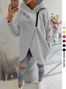 Women's Plus Size Hooded Sweatshirt, Full Zip Casual Fashion Design, Asymmetrical Hem, Breathable Thick Fleece, Loose Fit Long Sleeve Fall Winter, Tops, Womenswear