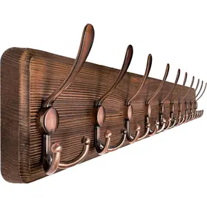 Coat Rack Wall Mounted - 38.6" Long, Wooden, Heavy Duty, Rustic Coat Hooks for Wall, Coat Rack with 10 Triple Hooks for Hanging Clothes, Jacket, Hat(Brown & Retro Red)