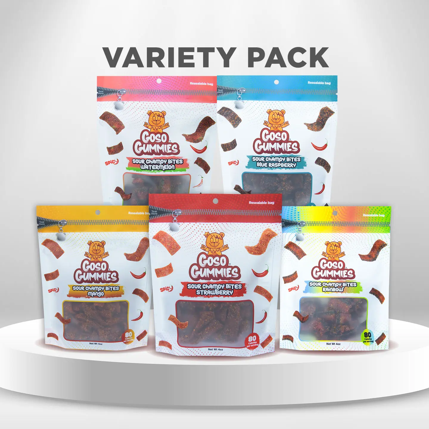 Goso Gummies Viral Sour Chamoy Belts – 5 Pack Variety Bundle (20oz) - Watermelon, Blueberry, Mango, Strawberry, Rainbow