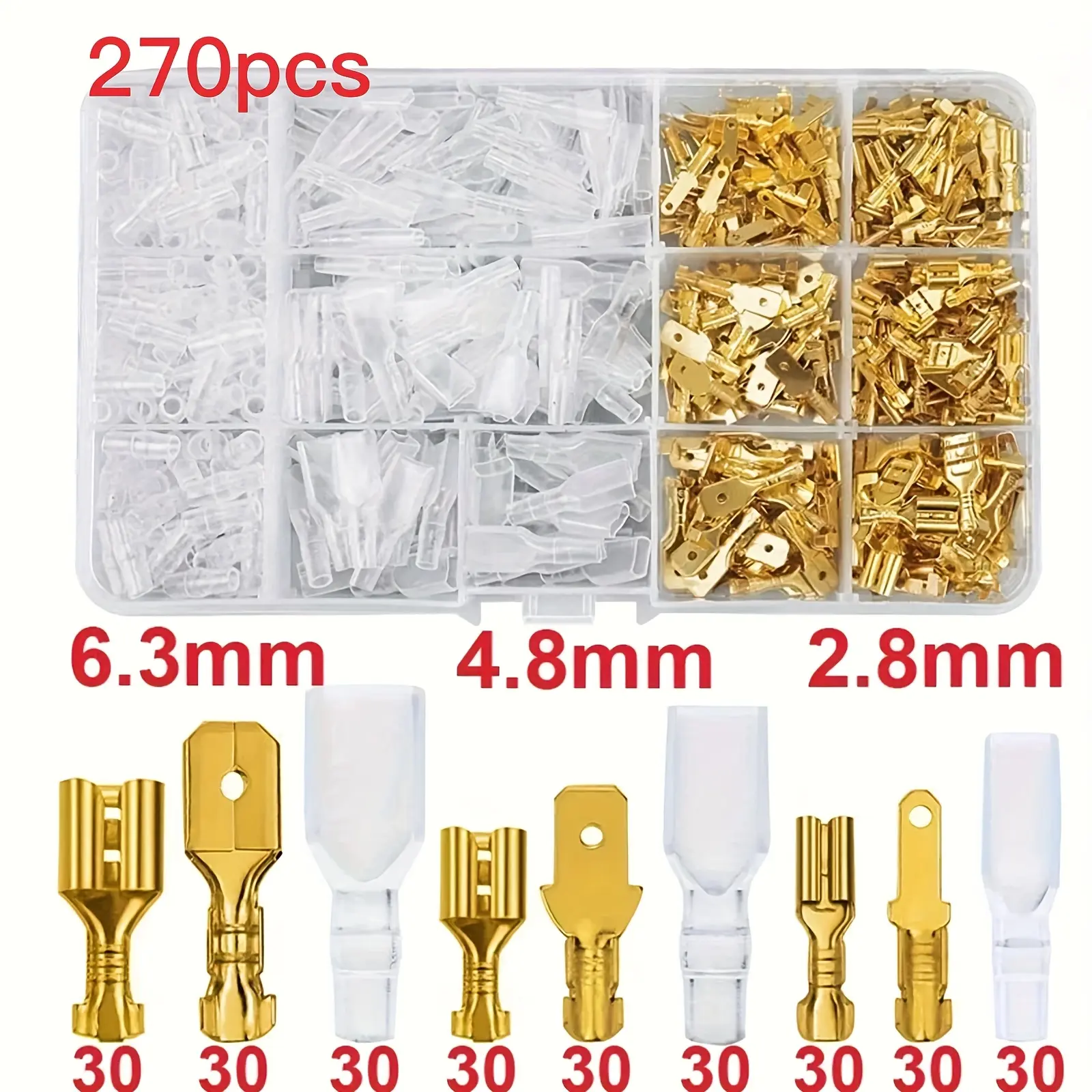 summerwins 270-Piece Multi-Size Insulated Male-Female Wire Connectors Kit, 2.8/4.8/6.3mm Spade Shape Crimps, Durable Copper Terminals for Electrical Wiring, Car Audio Speaker Cable DIY Repairs