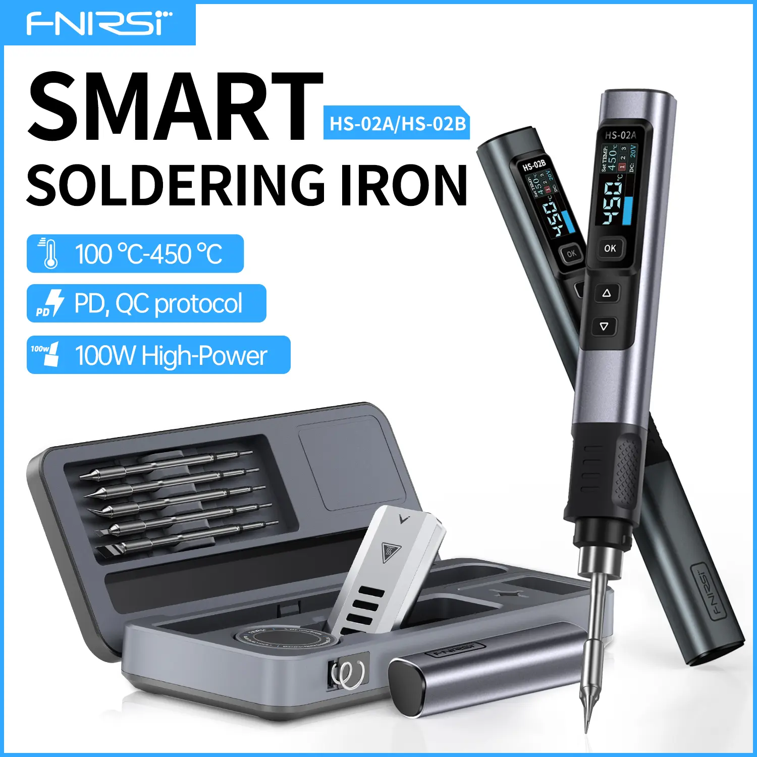 FNIRSI HS-02 Smart Soldering Station 100W with 3 Second Heating Adjustable Temp Auto Sleep 6 Quick Heat Tips Portable Storage Case with Built-in Iron Stand Great for Electronics Repair and Hobby Work