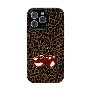 Leopard print cherry phone case, suitable for iPhone17 Pro Max, 17Pro, 16Pro, 15, 14, 13, 12. Beautiful phone case |     Shockproof protective case |     Smart phone case, a gift for girls