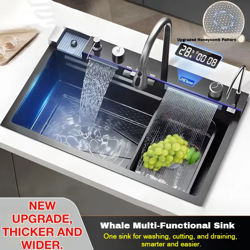 GATUSOO 30-Inch Durable Stainless Steel Smart Bowl Sink, Modern Workstation Sink with Digital Display Control Panel, Pull-Out 3-Spray Faucet, Honeycomb Coating, Integrated Cup Washer Ready, Garbage Disposal Ready, Eco-Friendly, Adjustable for US Kitchens