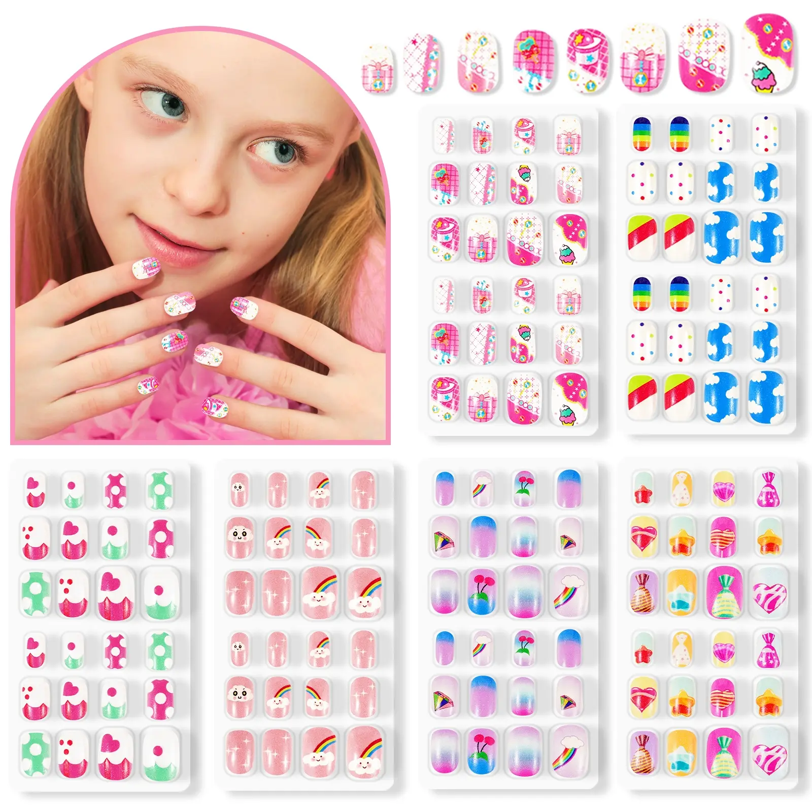 ALIVER Christmas Children's Wearable Nails Children's Artificial Nail Tips 144 pieces of children's artificial nail stickers + 2 nail files Children's toy manicure accessories Christmas gift! Nail Art Kits