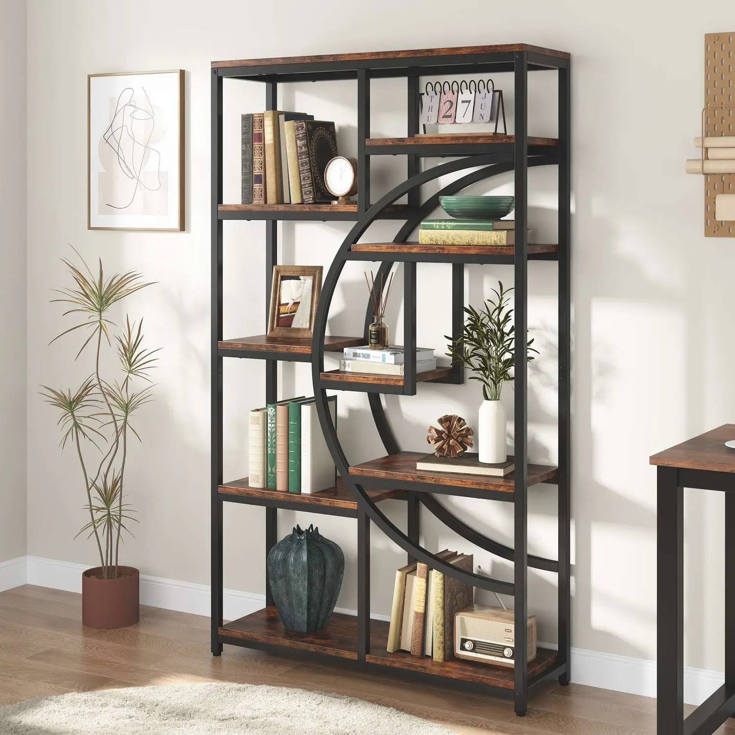 Spaco Industrial 5-Tier Etagere Bookshelf - Freestanding Tall Open Storage Organizer with 9 Shelves for Books, Room Storage in Living Room, Bedroom