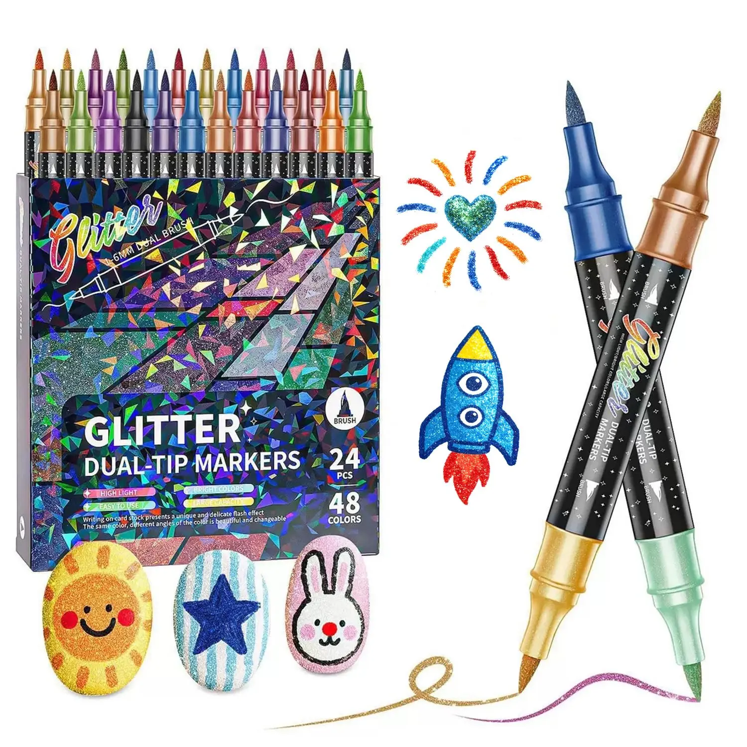 24-Pack Dual-Tip Acrylic Brush Markers (1-6mm Brush Tip) - Assortment Kit, Aesthetic & Art Pen Markers & Highlighters for Adult Coloring Books, Bullet Journaling, Office Stationery Writing Supplies, Acrylic Brush Markers & Highlighters