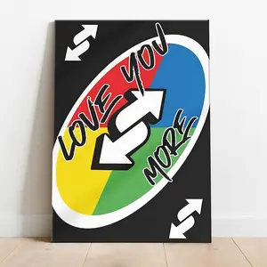 "Love You More" Reverse Game Card Canvas Wall Art Print, Funny Meme Poster with Waterproof Wood Frames, Colorful Preppy Room Decoration, Couples Valentine's Day Gift