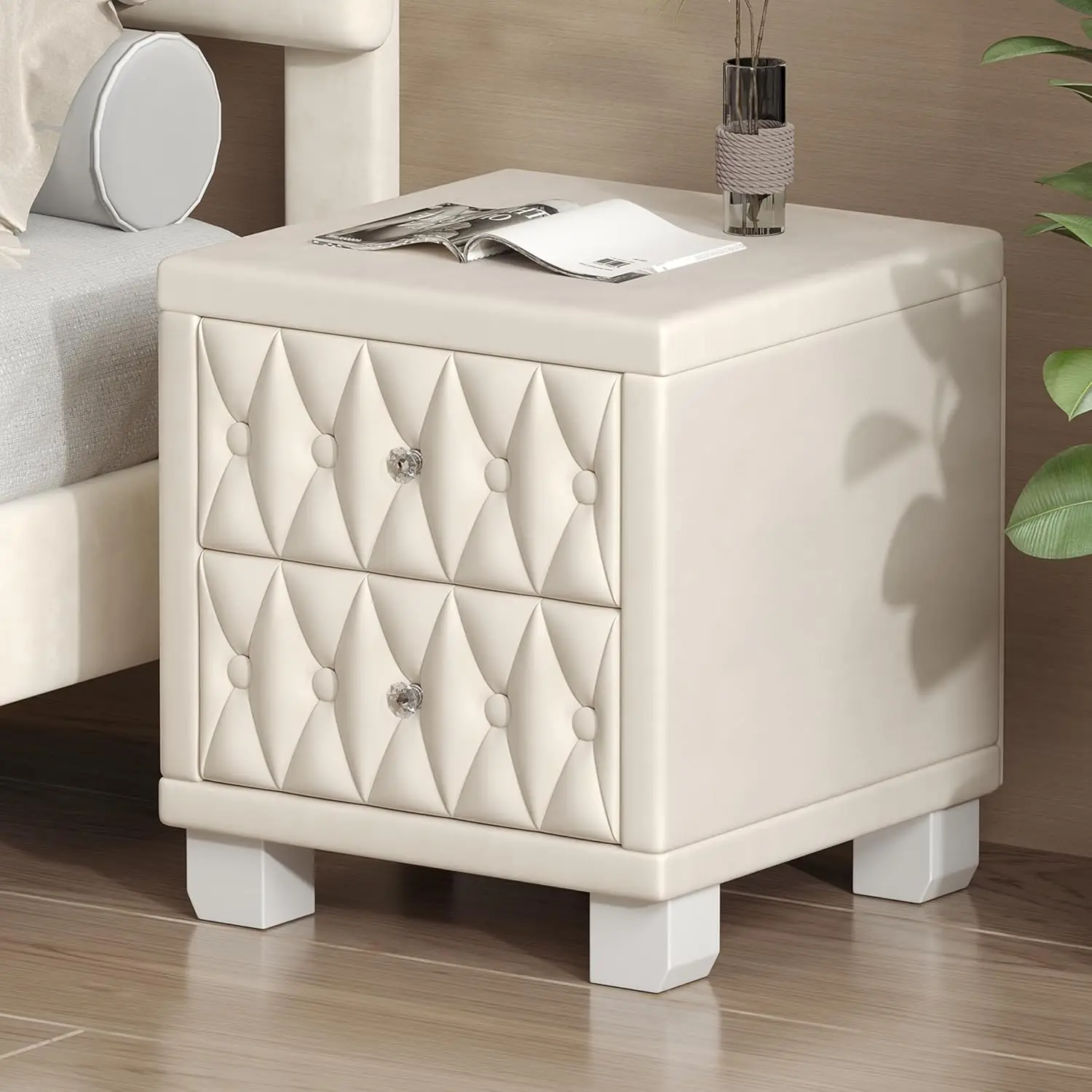 Beige Elegant Velvet Nightstand - Indoor Bedroom Table with 2 Drawers, Crystal Knob Handles, Button-Tufted Design, Cube Storage, Assembly Required