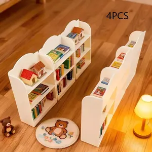 4 Piece Mini Bookcase Set Multi Layer Office Desk Display Shelf Home Decor Small Furniture Organizer for Books Decorative Storage Solution Bookshelf