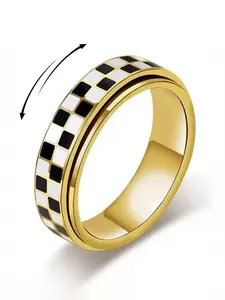 Stainless Steel Checkered Rotating Stress Relief Ring, Unisex Casual Daily Wear, Simple Chessboard Design Jewelry
