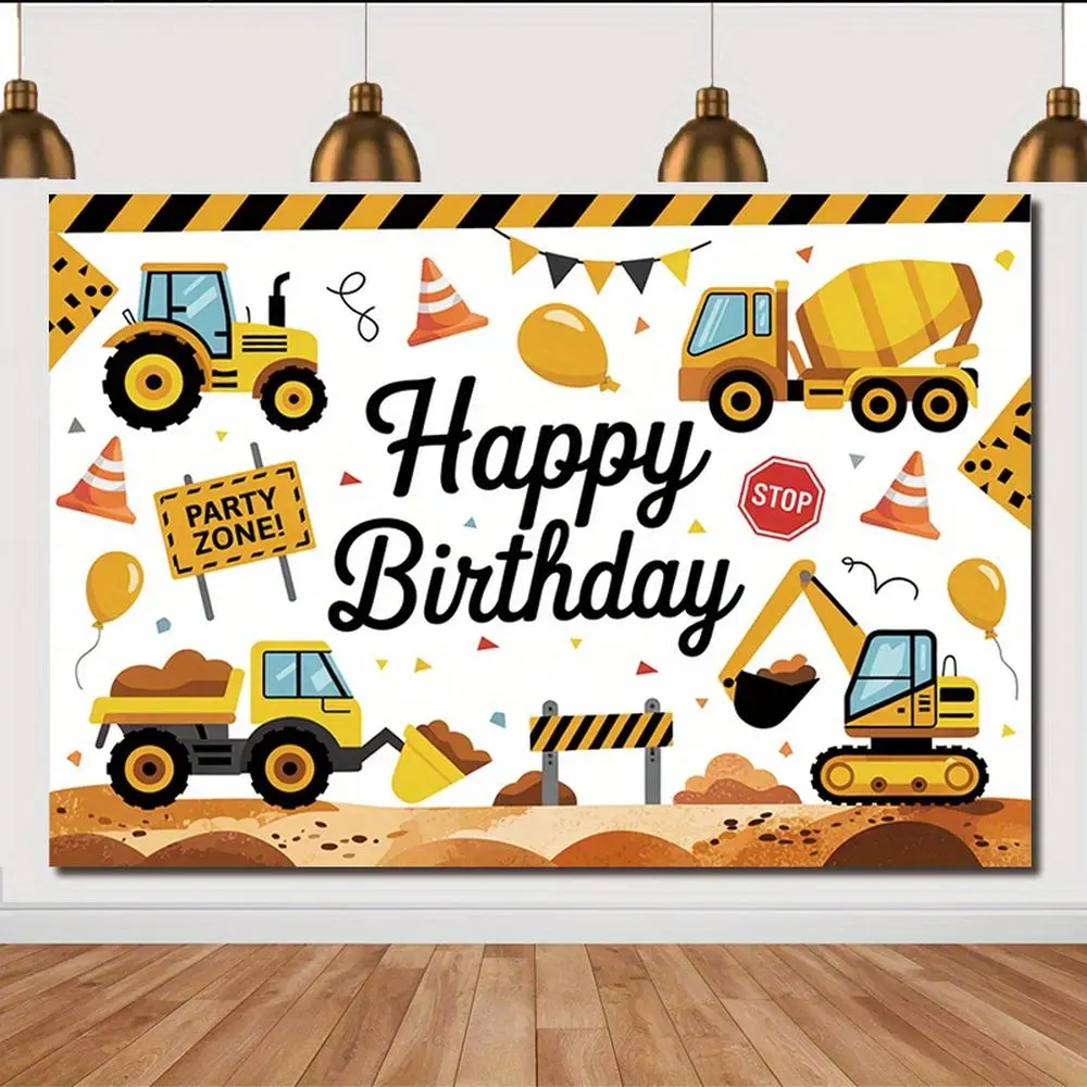[Party Banner] 1pc Multi-Size Construction Vehicles Balloons Party Zone Design Birthday Backdrop, Large Polyester Photo Booth Backdrop for Indoor Outdoor Use, No Electricity Required, Suitable for Adults, Photo Booth Backdrops