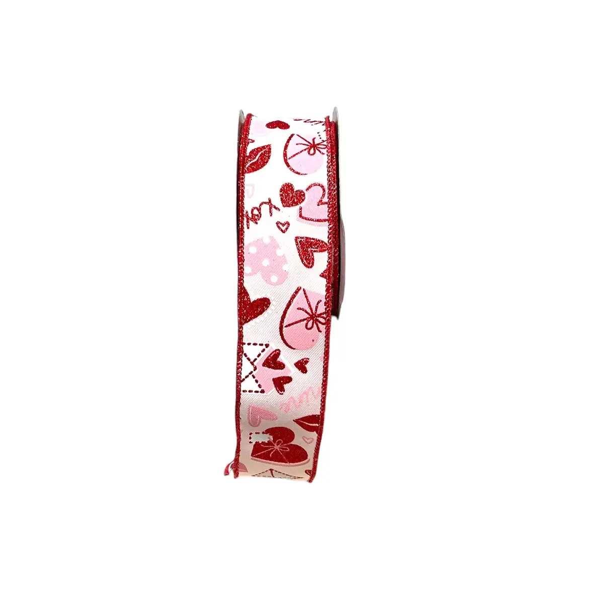 Pink Valentine's Day Ribbon with Hearts and Love Letters and XOXO, Red Wired Edges