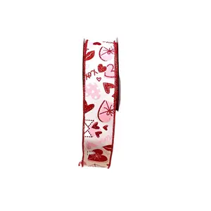 Pink Valentine's Day Ribbon with Hearts and Love Letters and XOXO, Red Wired Edges