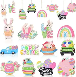 24Pcs Easter Tree Ornaments, Easter Tree Decorations Easter Wooden Ornaments with Ropes Spring Decor for Small Tree Easter Spring Party (12 Style)