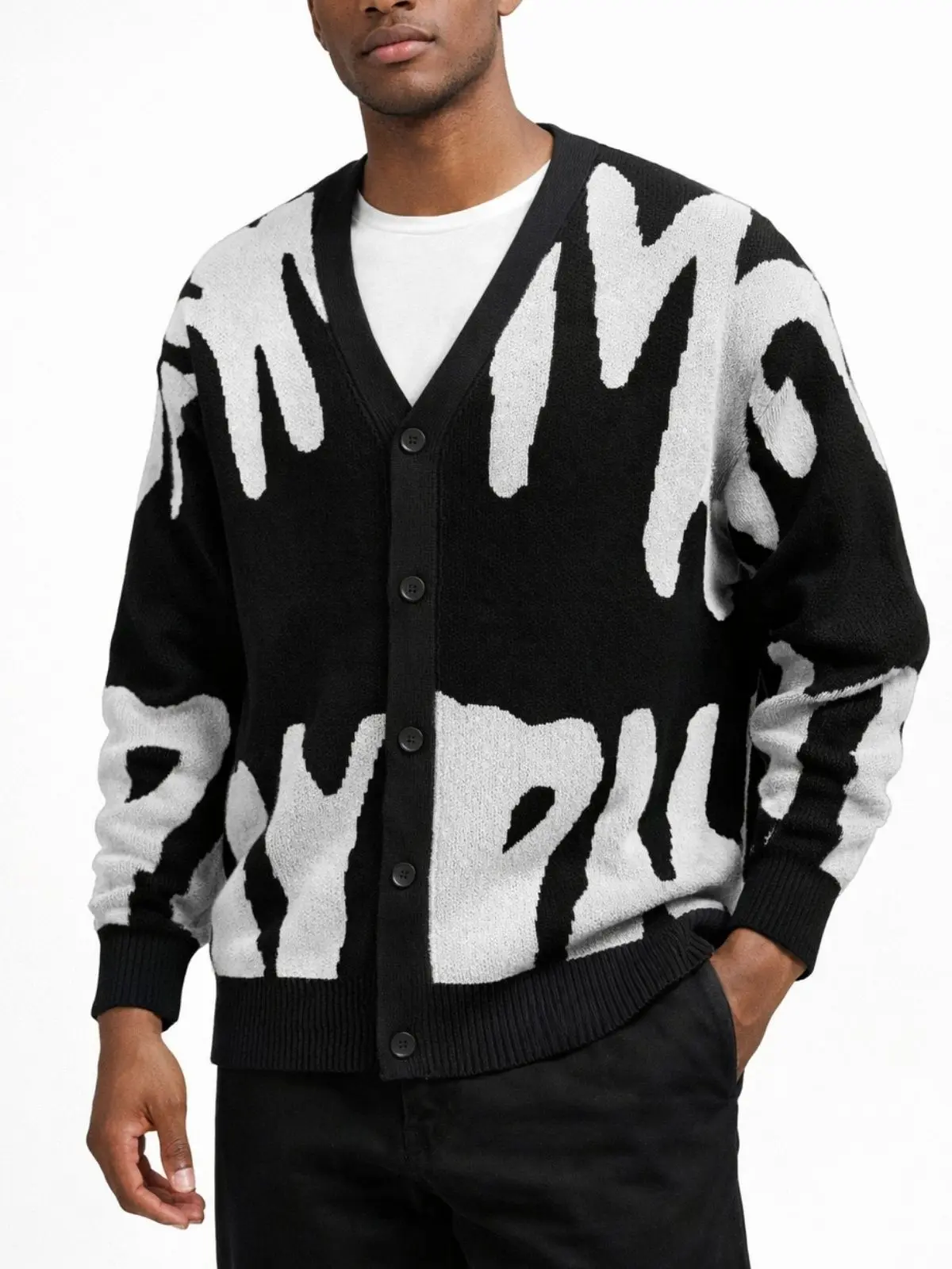 Men’s abstract graffiti print V-neck knit cardigan button sweater jacket casual long-sleeve knit top