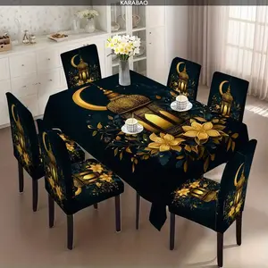 5/7pcs, Ramadan Gold Lantern Chair Covers and Tablecloth Set, Perfect for Spring Celebrations, Family Dinners, Evening Gatherings, Dining Chair Cover