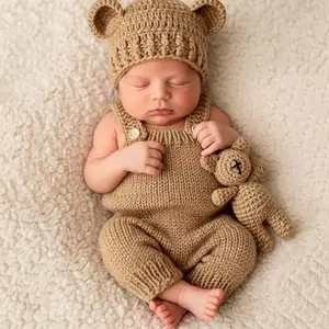Newborn Photography Outfits for Boys Girls, 3PCS Hand Knitted Baby Bear Romper Set, Newborn Photo Props