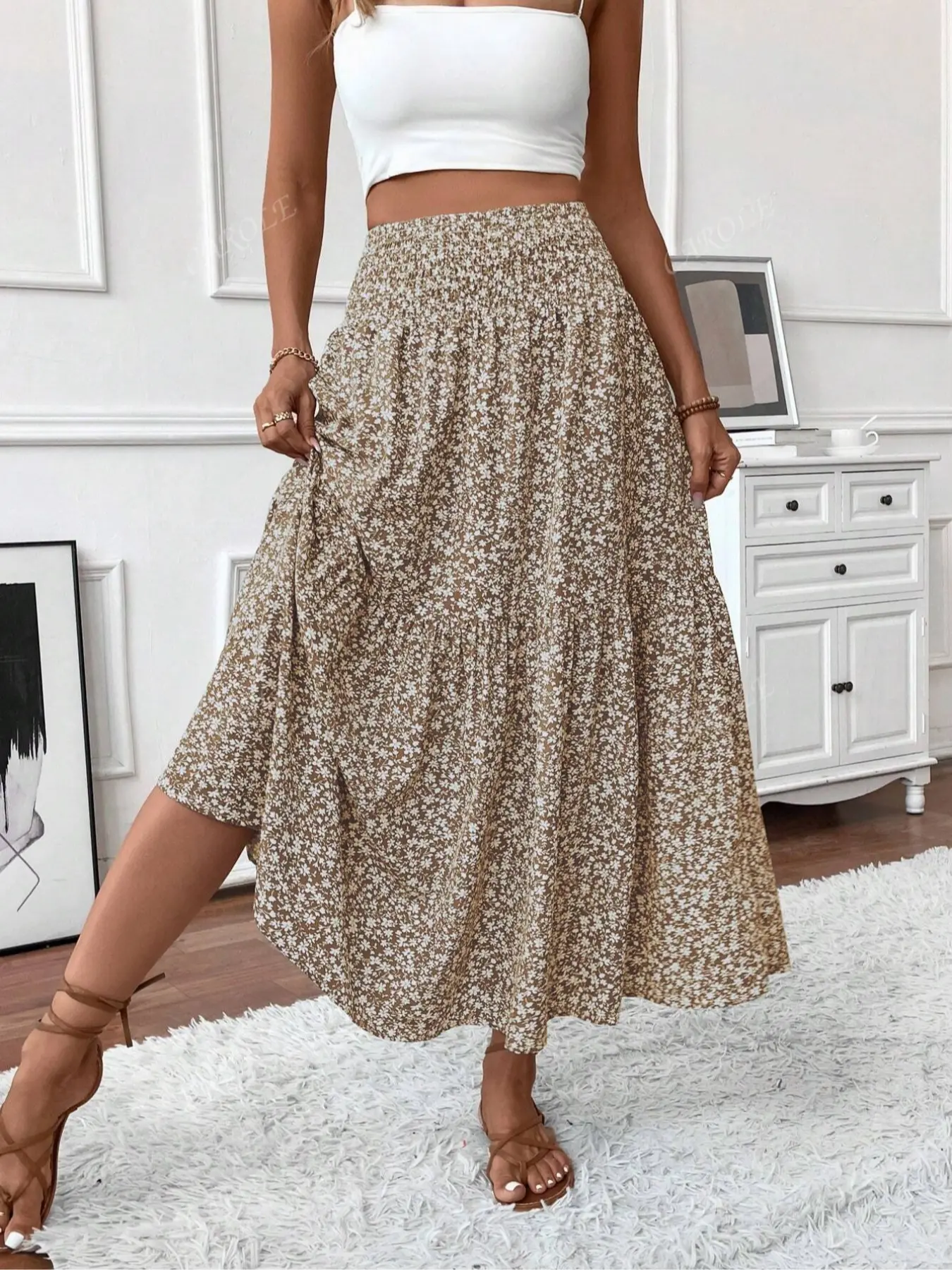 Women's Layered Cake Skirt, Loose-Fitting Ditsy Floral Long Skirt, Elegant A-Type Design, No Pockets, All Seasons Wear