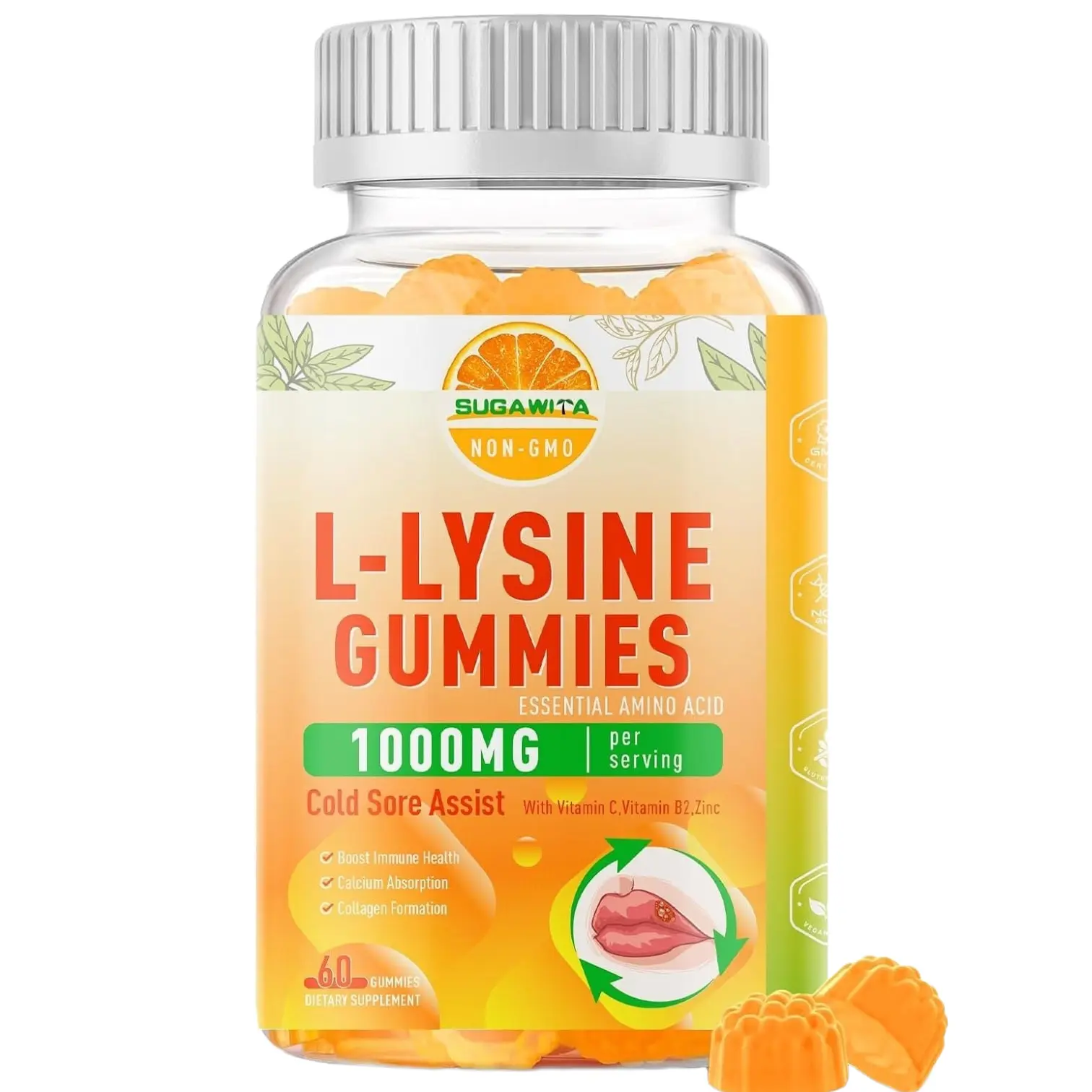 SUGAWITA L-Lysine Gummies 1000 mg, Cold Sore Supplement with Immune Support for Lips & Oral, Chewable L Lysine Gummies for Adults & Childrens, Boost Immune & Collagen, Non-GMO, Vegan, Gluten Free - 60 Counts