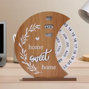 1pcs Perpetual Calendar, Wooden Disc Perpetual Desk Calendar, Wooden Disc Calendar, Gift Manual Rotating Wooden Block Calendar Ornament for Home Office Desk Date Week Month