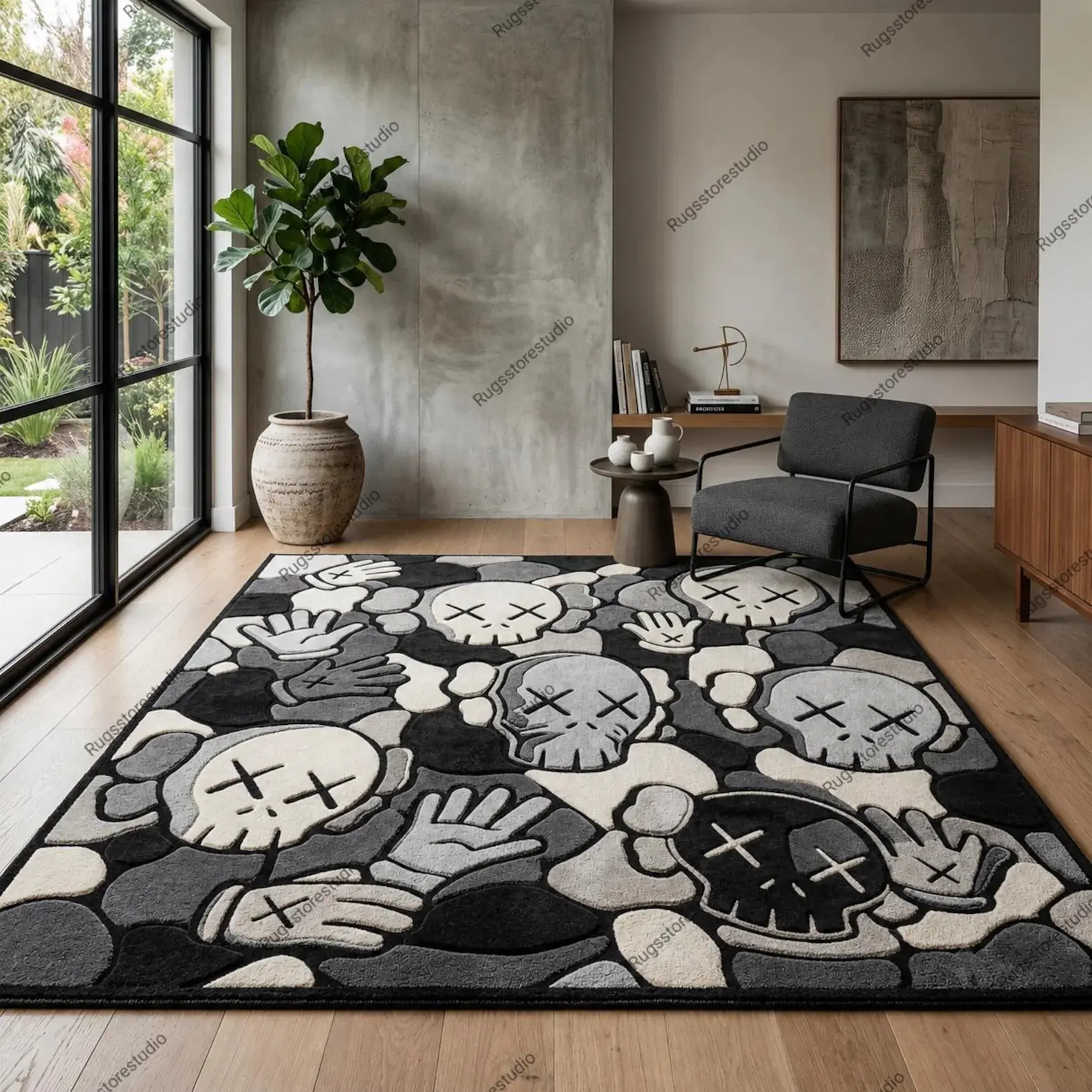 KAWS Inspired Large Hand-Tufted Wool Area Rug, Modern Abstract Grey Black Cream, Luxury Hypebeast Home Decor, Custom Sizes 8x10, 9x12, 10x14