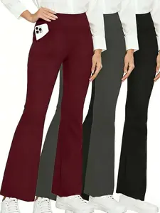 3-piece women's wide-leg pants, all seaon flared pants, high-waisted elastic wide-leg pants, home casual and fitness yoga long pants, flared pants with pockets, sports long pants