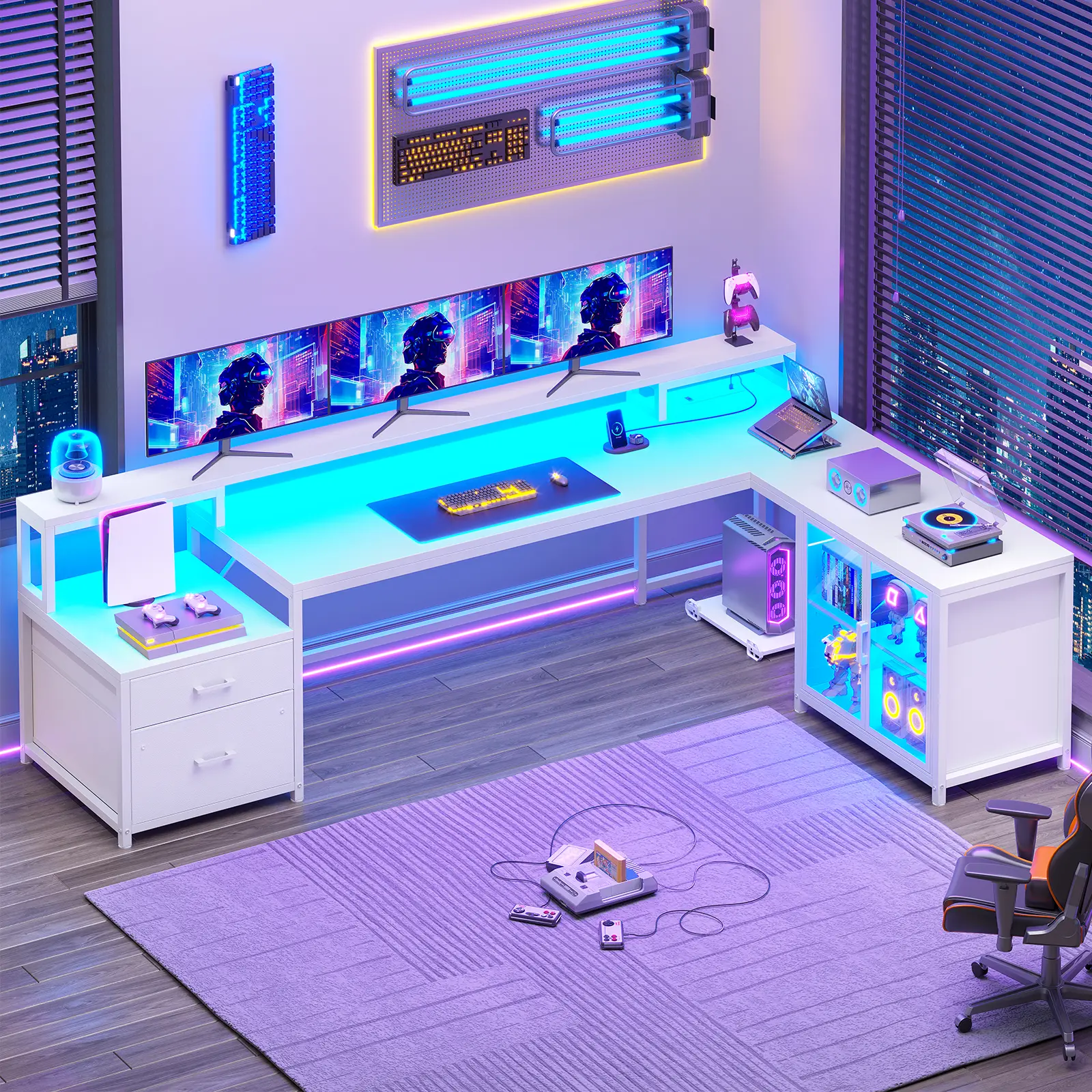 Sedeta 78.7in L-Shaped Modern Wood-Metal Ergonomic Gaming Desk, Corner Dual Workstations for Dual Users with Built-In 1 File Cabinet, Power Outlet, RGB LED Mood Lights, 2-Tier Storage Shelves, Glass Display Cabinet, Assembly Required (Multiple Colors), L