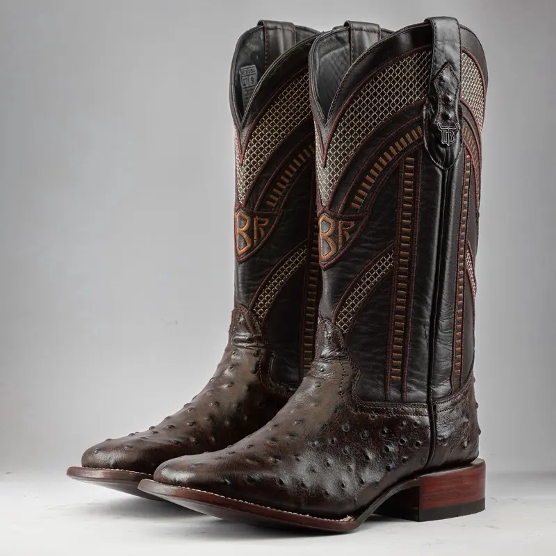 Chocolate Brown Ostrich Print Boots - Square Toe Chocolate Brown Ostrich Print Boots - Square Toe