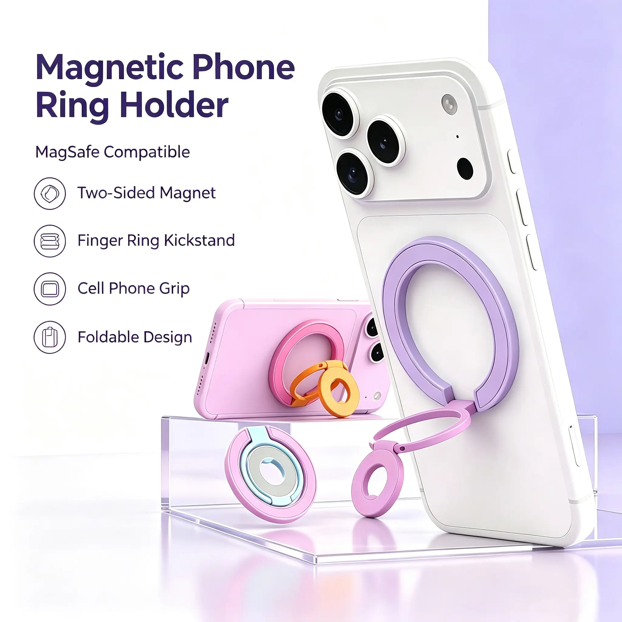 Double Sided Magnetic Phone Ring Holder - Foldable Metal Stand, Strong Grip Mobile Accessory for Cellphone & Smartphone Mount, Desk & Hands-Free Viewing