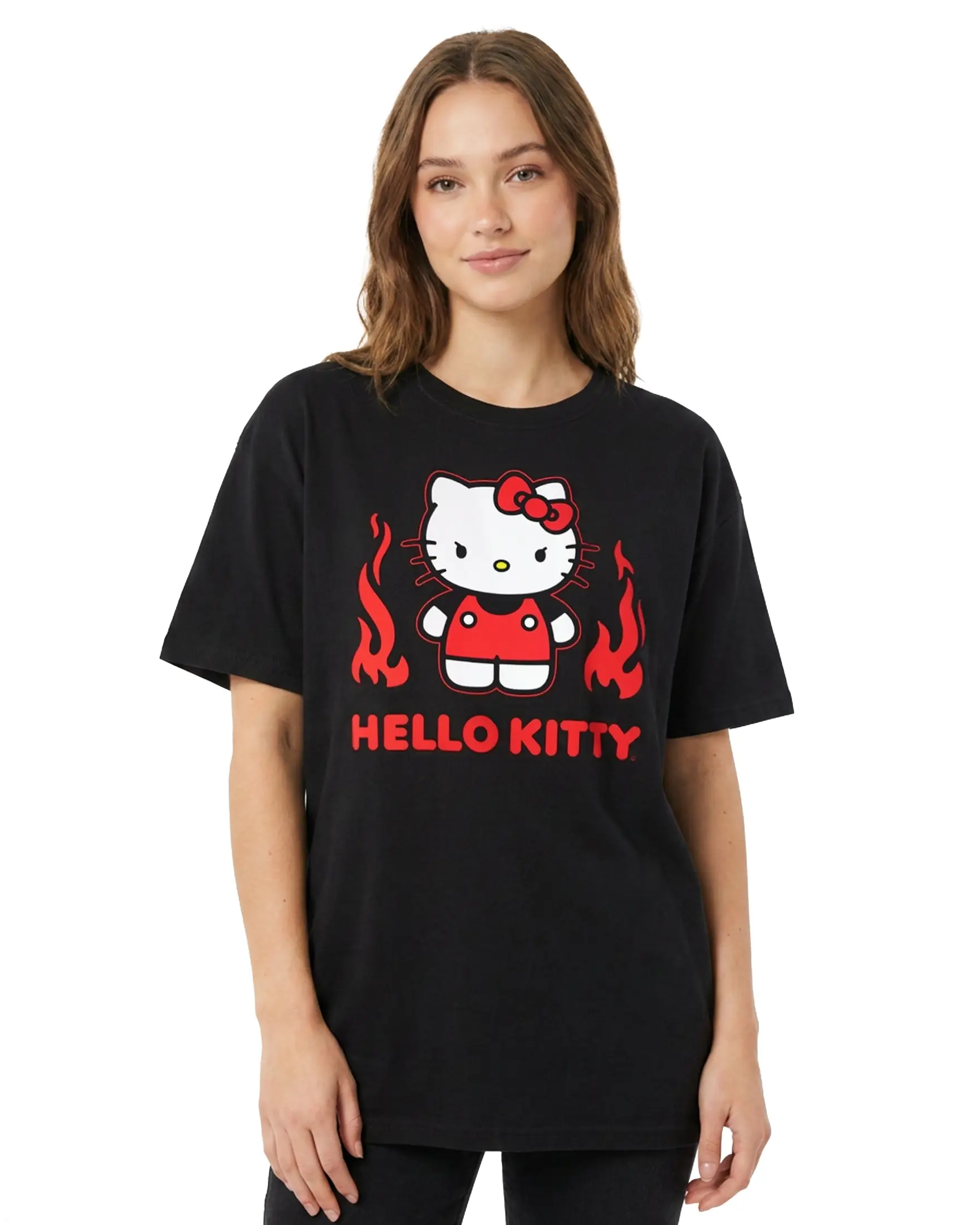 Sanrio Hello Kitty Women's Angry Kitty with Flames Junior's Short Sleeve Crewneck T-Shirt