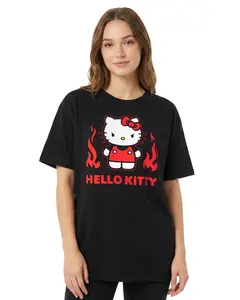 Sanrio Hello Kitty Women's Angry Kitty with Flames Junior's Short Sleeve Crewneck T-Shirt