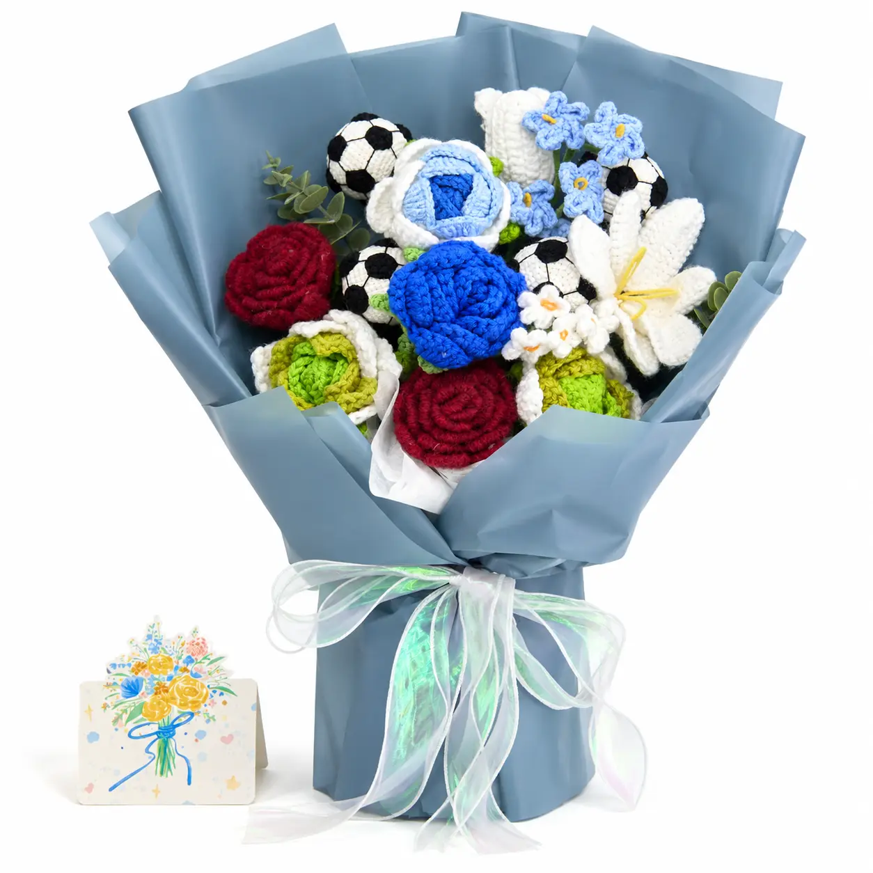 Handmade Crochet Flower Bouquet Back to School Gift for Teacher Students, Red Blue Green White Roses & Daisies, Patriotic Forever Flowers Gift for Boyfriend Her Dad, Greeting Card, Father's Day Wedding Gift US Fast Shipping Home Decor