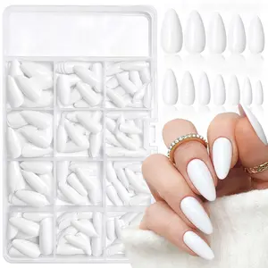 240pc Short Almond White Press on Nails Colored Fake Nail Tips Full Cover Artificial Fingernail French Stiletto Manicure with Adhesive Tabs for Women Girls Kids