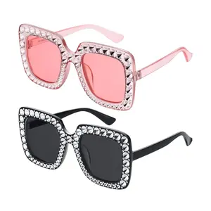 2 Pairs Oversized Square Vintage Sparkling Sunglasses for Women, Trendy Retro Pink Black Imitation Diamond Rhinestone Oversize Fashion Thick Frame Sunglasses, Unique and Futuristic Style Shades Sparkle Design for Fun Y2K Accessories Outfits