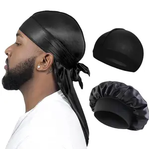 3PCS/LOT Men's Silky Durag Long Tail Pirate Hat Headband Turban Dome Wave Cap Unisex Wig Cap with Elastic Band Satin Bonnet
