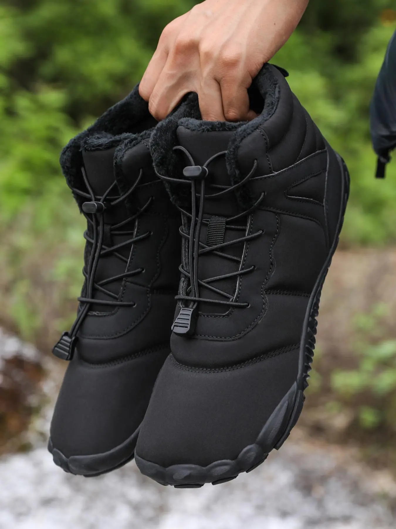 Men's Solid Color Drawstring Ski Boots, Casual Sporty Warm Thick Sole Snow Boots for Outdoor Activities, Male All-match Sports Shoes for Daily Wear