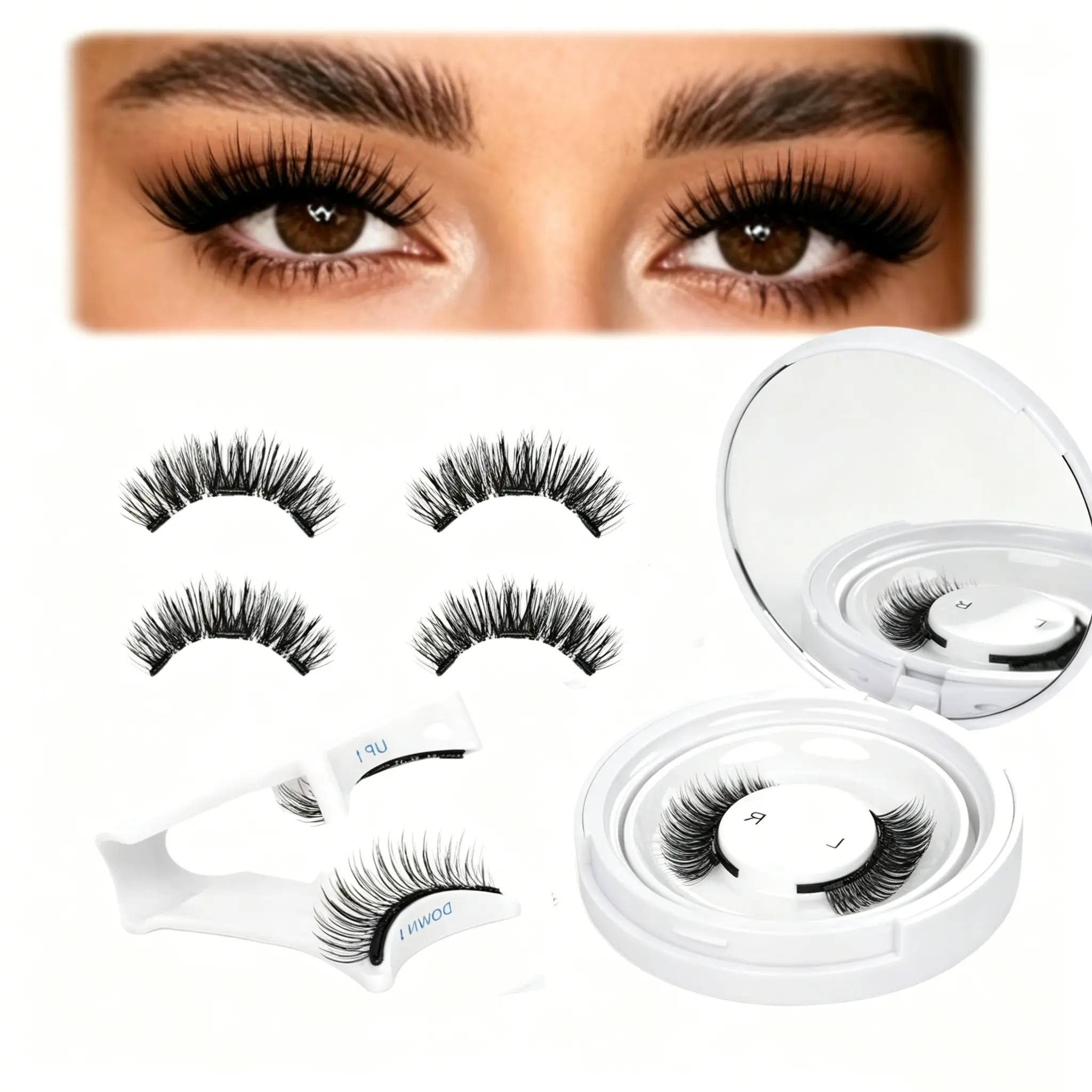 Magnetic Faux Mink Fiber False Eyelashes Kit - Clean Beauty Magnetic Eyelashes Set with Applicator & Case, No Glue, Hypoallergenic, Lightweight, Irritation-Free for Sensitive Eyes (False Eyelashes & Adhesives, Double-Sided Lashes)
