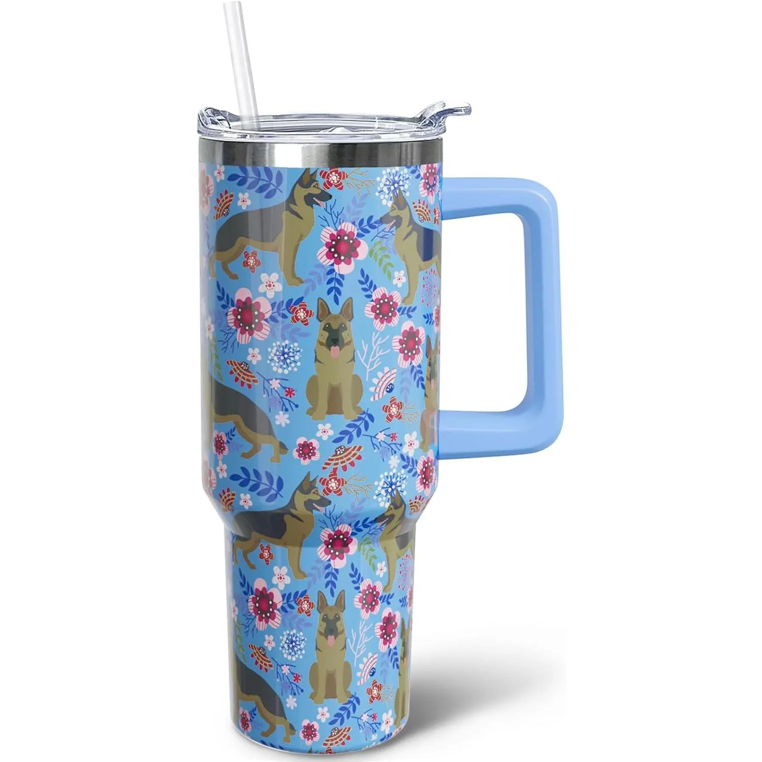 40 oz Stainless Steel Vacuum Insulated Tumbler - German Shepherd Watercolour Geometric Design, Portable Coffee Mug with Handle, Secure Lid, Straw, Heat-Cold Resistance, Reusable Kitchenware for Road Trips, Thanksgiving Gift for German Shepherd Owners, Ins