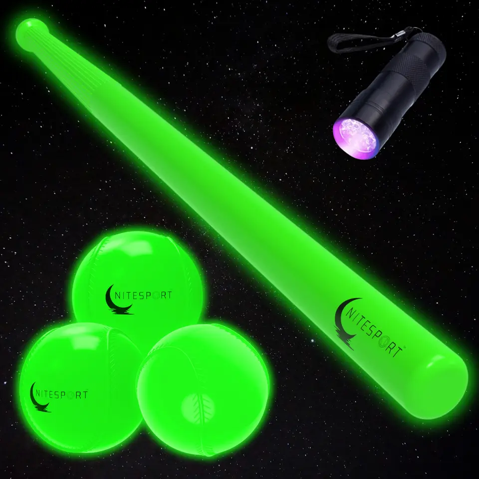 NiteSport Glow In The Dark Plastic Baseball Set w/ 3 Plastic Baseballs & UV Flashlight - Safe Durable Lightweight Fun for Nighttime Play