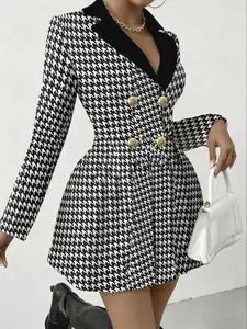 Women's Houndstooth Print Slim-Fit Dress, Elegant Collar Design, Button Detailing, All-Season Wear, Stylish & Comfortable Fit, Feminine, Womenswear