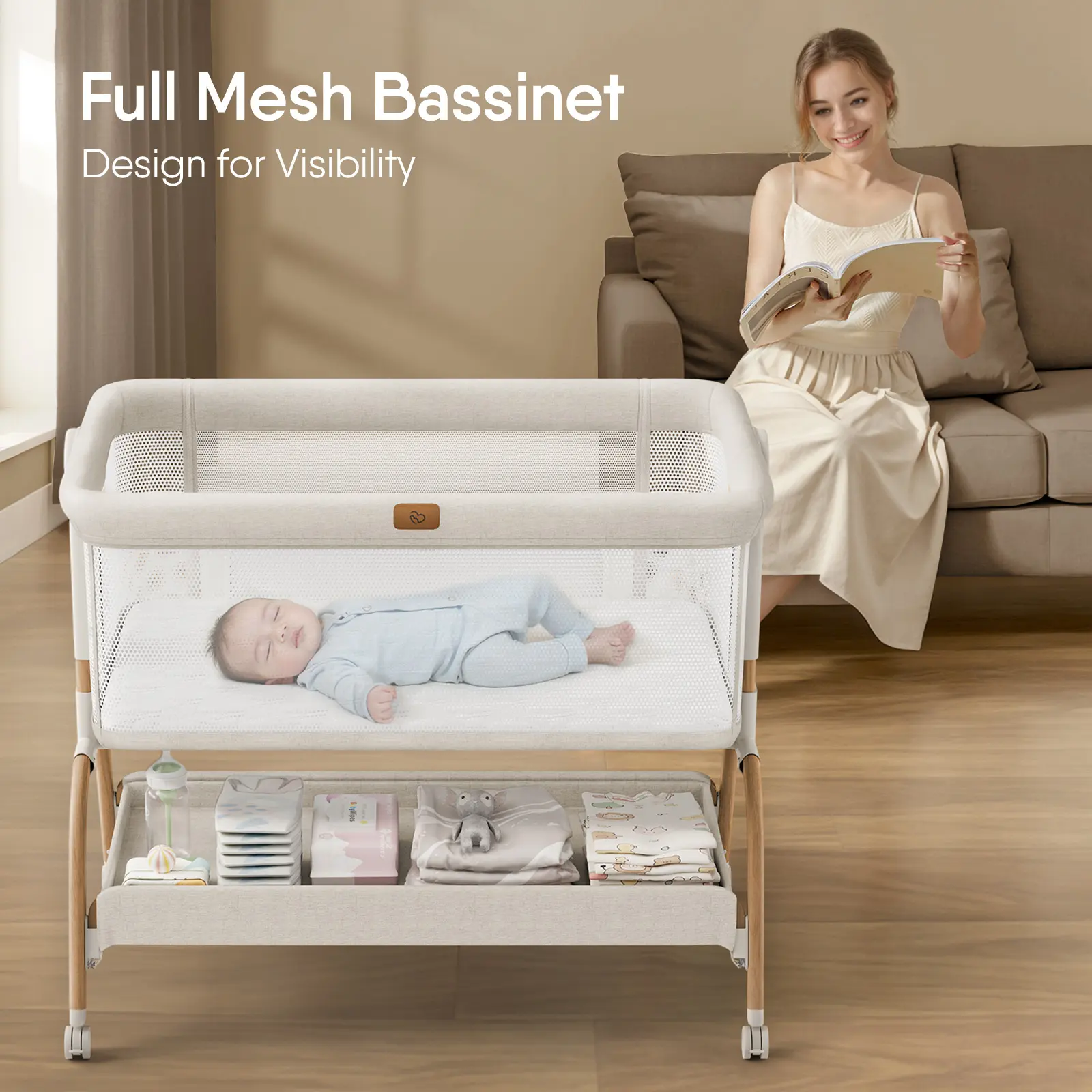 BabyBond 3-in-1 Baby Bassinet Bedside Sleeper, 6-Height Adjustable Crib with Mattress & Soft Breathable Sheet, Full-Mesh Sides and Ventilated Net, Easy-to-Fold Portable Style & Wheels, Safe and Steady Bassinet for Newborns,  Mothersdaygift, #Summervibes
