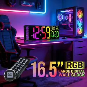16.5 Inch Large LED Digital Wall Clock with 13 Modes of Lighting, Remote, Auto Brightness, Day Date Temp, DST, Dual Alarm, Wall Mount for Home Bedroom Office Gym Decor