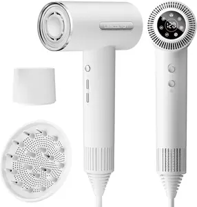 Hair Dryer, Lightweight Ionic Blow Dryer 110,000 RPM Brushless Motor 1400W Powerful High Speed, Diffuser & LED Display, 3 Air Speeds for Fast Drying, Low Noise for Home Travel (White)