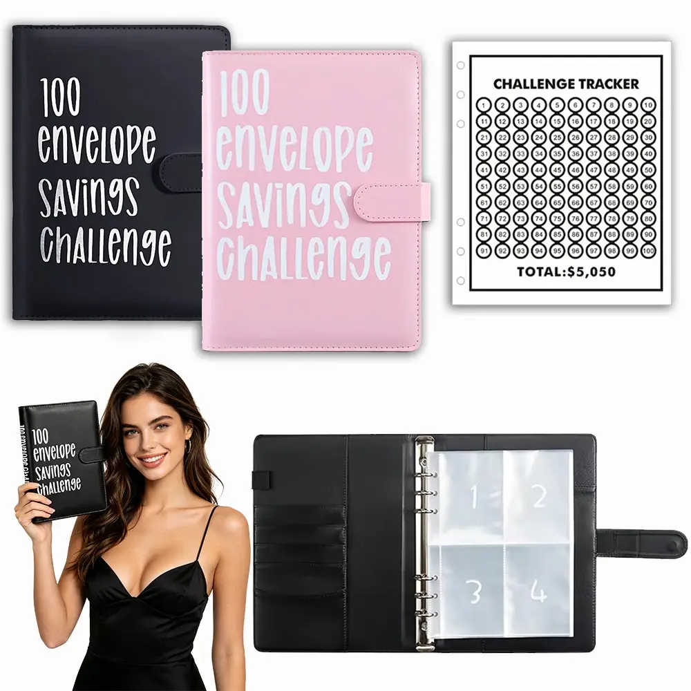 A5 100 Envelope Savings Challenge Dark Matte Textured Binder With Extra Heavy Reinforced PVC Cash Pockets Savings Stat Tracker Card Black Dusty Pink Magenta Shades